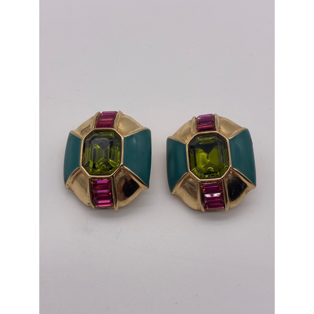 Kenneth Jay Lane Vintage Gold Tone Teal Enamel Jewel Clip On Dome Earrings